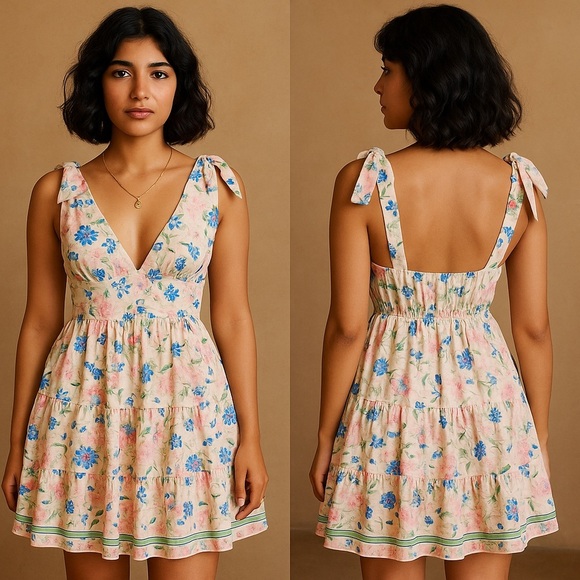 Floral Sleeveless Dress - Blue and Pink - Picture 1 of 2